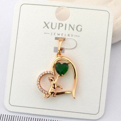 Кулон Xuping серце з котиком зелений камінь з медичного золота позолота 18К (01432) 01432 фото