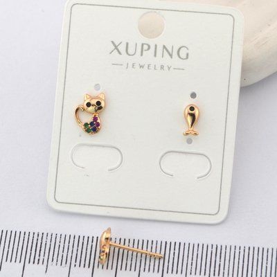 Сережки Xuping цвяшки (пусети) котик з рибкою з медичного золота позолота 18К (01708) 01708 фото